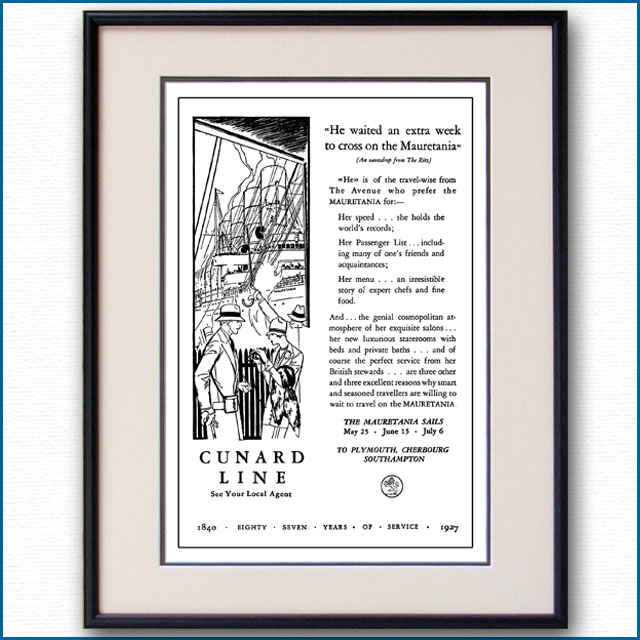 1927年 客船モーレタニアの雑誌広告 3182LL黒