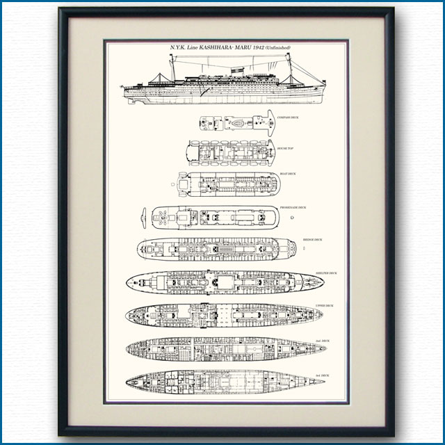 日本郵船・橿原丸の一般配置図 図面・デッキプラン 額入りアートポスター 2698XL黒
