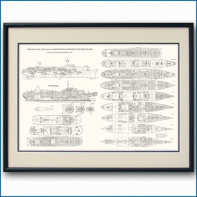 客船キャンベラの一般配置図 図面・デッキプラン 額入りアートポスター 2699XL黒