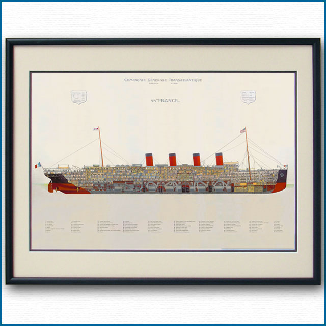 客船フランス（1912）の断面図・額入りアートポスター 2706XL黒