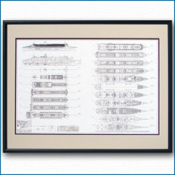 クイーンメリー2の図面・一般配置図、額入りアートポスター HGV2476BK
