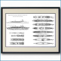 客船フランスの一般配置図 図面・デッキプラン 額入りアートポスター 2700XL黒