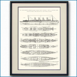 客船ルシタニアの一般配置図 図面・デッキプラン 額入りアートポスター 2701XL黒
