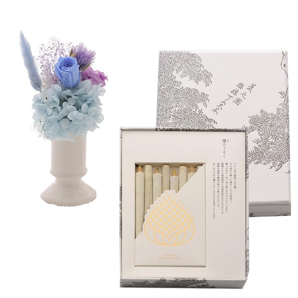 櫨ろうそく GIFTBOX・プリザーブドフラワーお供花 ブルー（Ｍ） セット ●75094583
