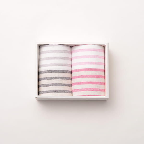 5trees / リネンボーダー フェイスタオルセット(ブラック・ピンク)