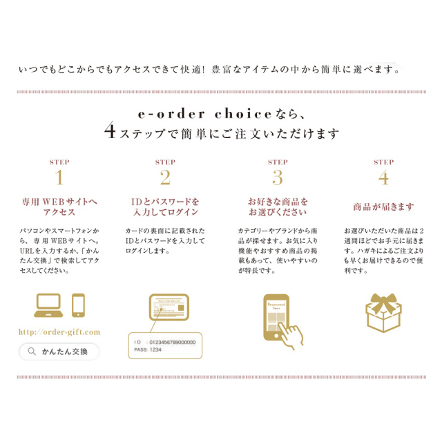 カードタイプ カタログギフト e-order choice とっておきのニッポンを贈る 商品申し込み方法案内