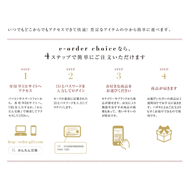 カードタイプ カタログギフト e-order choice とっておきのニッポンを贈る 商品申し込み方法案内