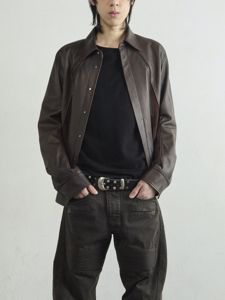 NVRFRGT LEATHER PANELED LONG SLEEVE SHIRT BROWN 2025AW