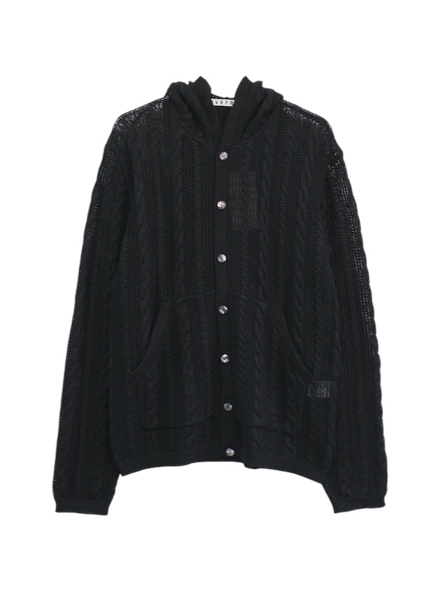NVRFRGT SEMI SHEER CABLE KNITTED BUTTON UP HOODIE BLACK 25SS