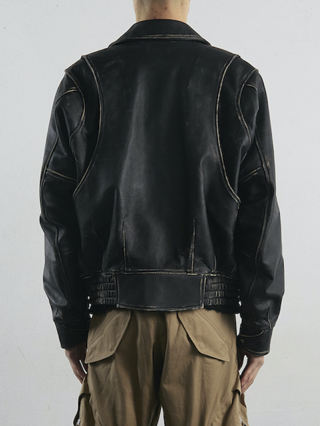 黒牛革ダメージ加工ジャケット Cow Leather Distressed Jacket Black
