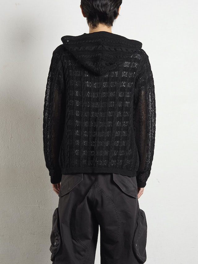 NVRFRGT SEMI SHEER CABLE KNITTED BUTTON UP HOODIE BLACK 通販