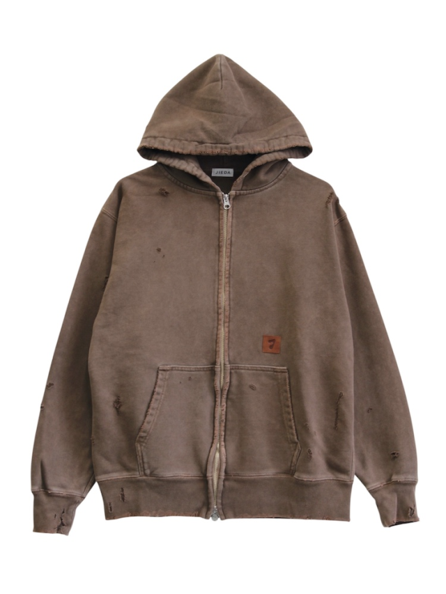 JIEDA DAMAGE PATCH ZIP HOODIE BROWN 2025AW