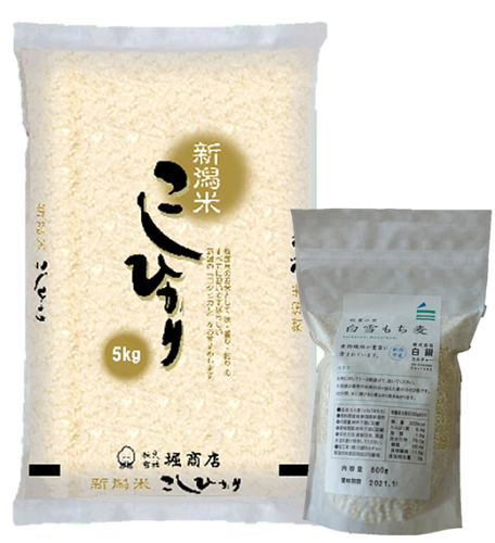 ＜令和7年産・2025年産＞ 新潟県産コシヒカリ5kg＋新潟市秋葉区産もち麦450g詰め合わせセット  | こめや丸七