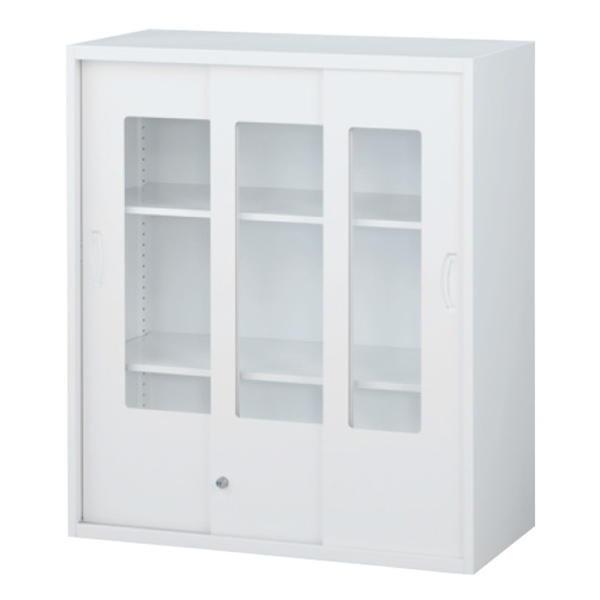 枠付ガラス3枚引戸書庫/上置用/内筒交換錠/RW45-310SG/幅900×奥行450×高さ1050/ホワイト/クウォールRWシリーズ/61271