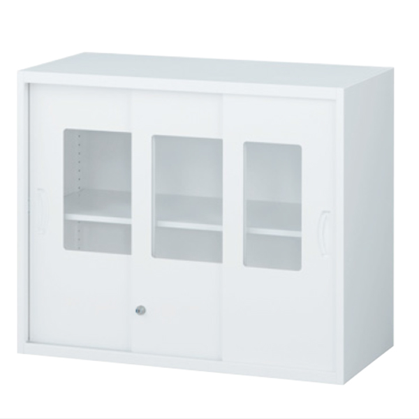 枠付ガラス3枚引戸書庫/上置用/内筒交換錠/RW45-307SG/幅900×奥行450×高さ750/ホワイト/クウォールRWシリーズ/61272