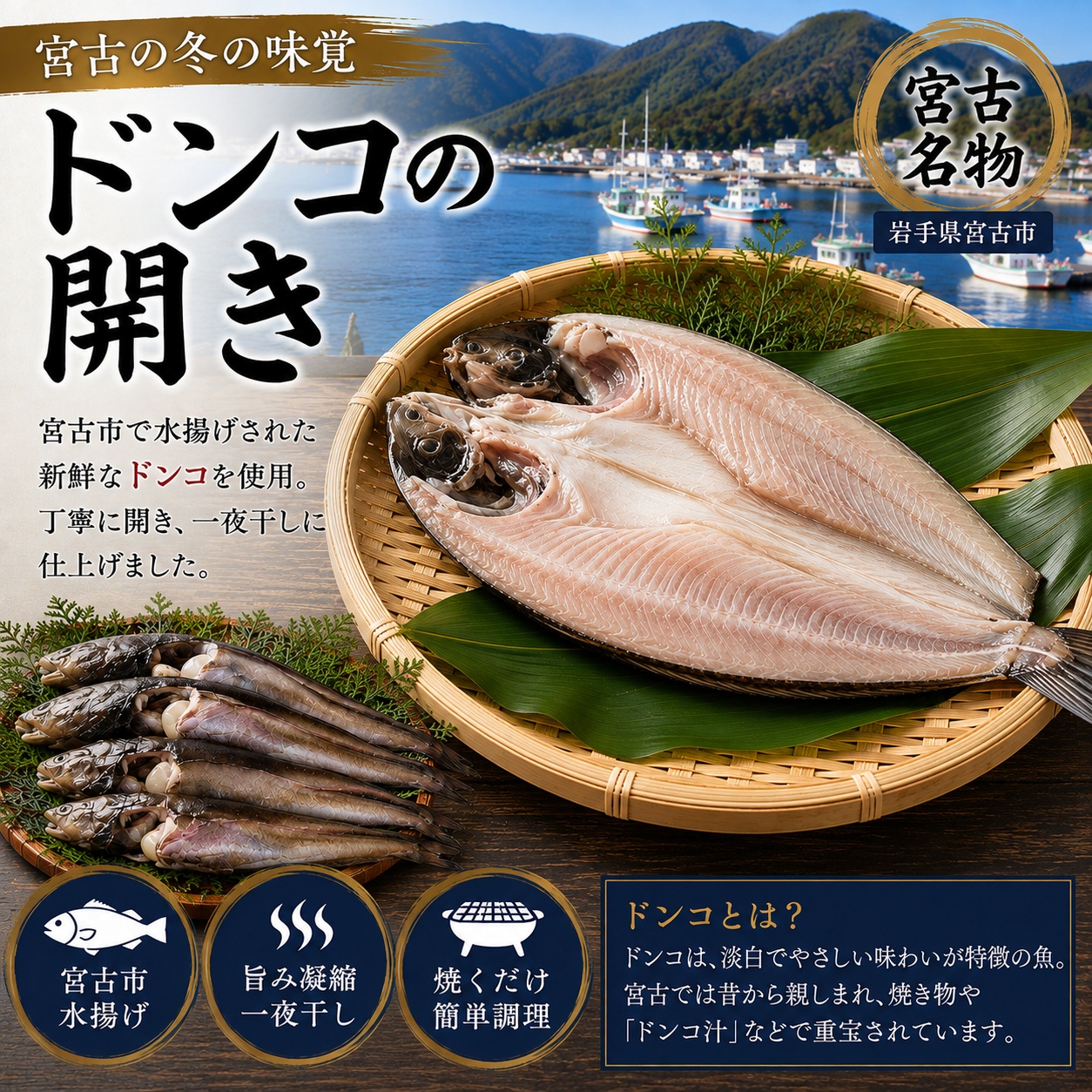 岩手県宮古名物 ドンコ開き一夜干し｜旨み凝縮 ふっくら淡白な味わい