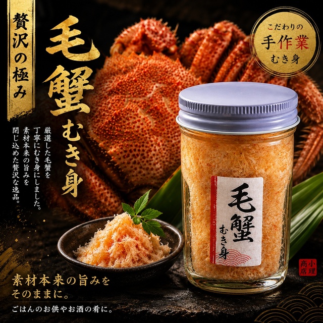 三陸・宮古港水揚げ 毛蟹むき身 瓶詰め 70g｜丁寧な手ほぐし仕上げ