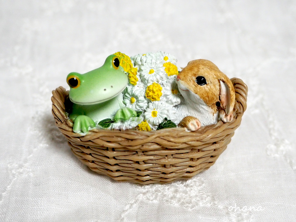 花かごの中のウサギとカエル