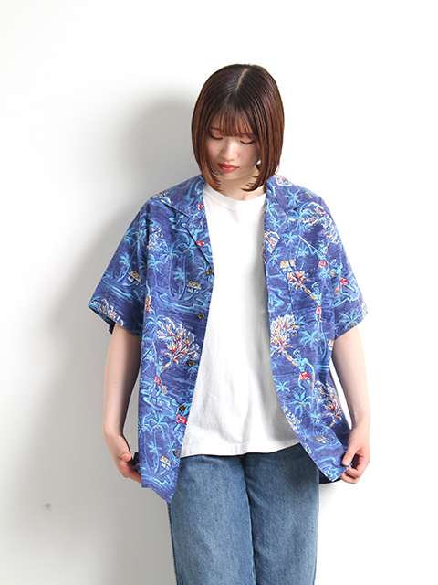 ヴィンテージアロハシャツ ハワイアン柄 ブルー USED