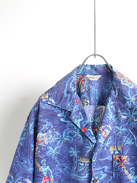 ヴィンテージアロハシャツ ハワイアン柄 ブルー USED