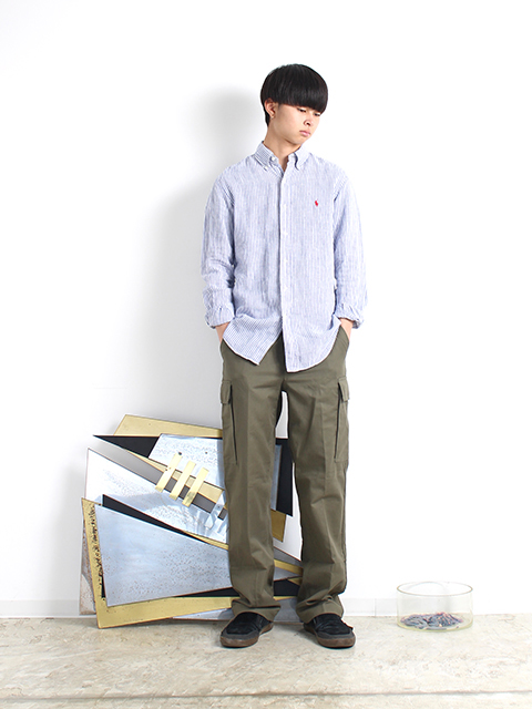 USED】RALPH LAUREN BUTTON DOWN LINEN SHIRT BLUE STRIPE- 毎日
