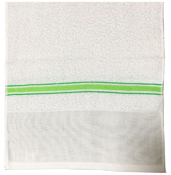 鮮やかなグリーンのボーダー織が人気！（日本製）240匁グリーンボーダー織タオル　ポり袋入り1ダース（12枚）