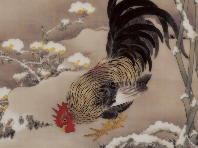 大倉陶園×細見美術館】伊藤若冲「雪中雄鶏図」より 雪中雄鶏図 陶額