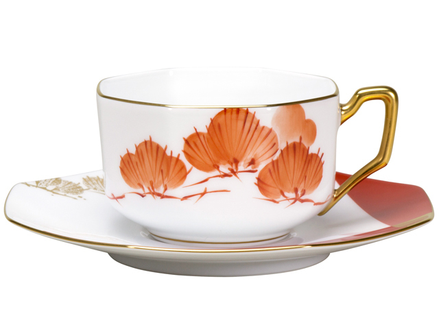 【手描き】碗皿暦　1月「朱松」　カップ＆ソーサー【100周年記念・通常裏印】