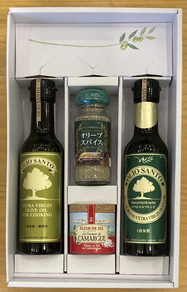 スペシャルブレンドエクストラヴァージンオリーブオイル 200ml／ヴァージンオリーブオイル 200ml／カマルグの塩40ｇ／オリーブスパイス
