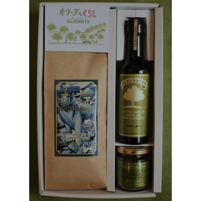 エクストラヴァージンオリーブオイルフォークッキング200ml/丘の上のオリーブ茶300ｇ/おときちのオリーブオイルなしょうがじゃこ