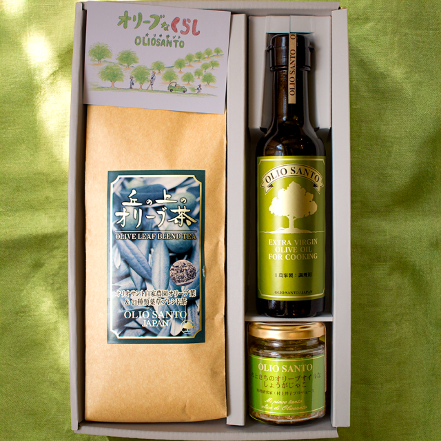 エクストラヴァージンオリーブオイルフォークッキング200ml/丘の上のオリーブ茶300ｇ/おときちのオリーブオイルなしょうがじゃこ