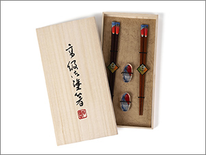 高級御塗箸 凱風快晴（赤富士）-桐箱箸置つき