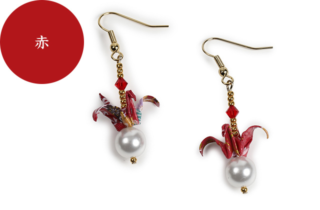 英語説明書つき 友禅和紙 折り鶴パールピアス