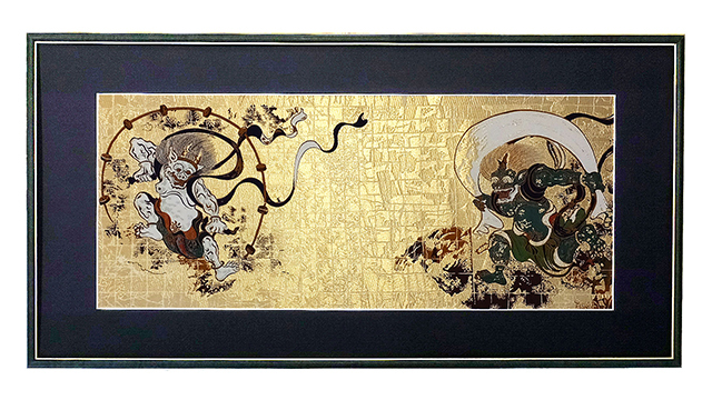 英語説明書つき 金襴タペストリー 風神雷神 額装