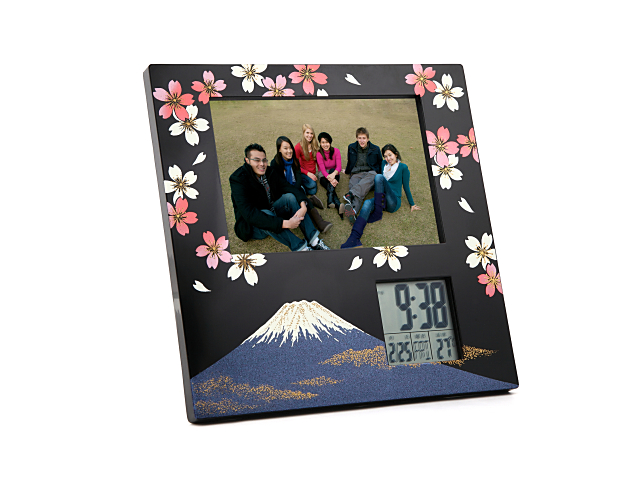 英語説明書つき 蒔絵フォトフレーム 富士に桜-デジタルクロックつき★日本土産や記念品に最適！