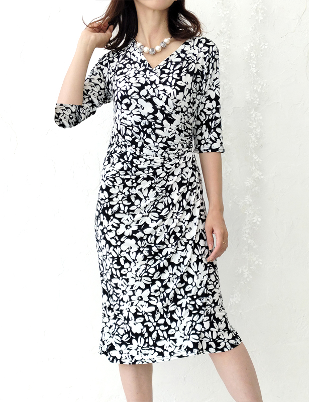 (EGERIE)エジェリ ワンピース ANAEL T1T2T3T4 7分袖 マキシ丈膝丈ひざ丈カシュクール花柄ボタニカル オフィス通勤パーティお食事会 ママ 大人レディース上品きれいめジャージーホワイトブラック黒モノトーン 春夏秋冬コーデ(anael220602)