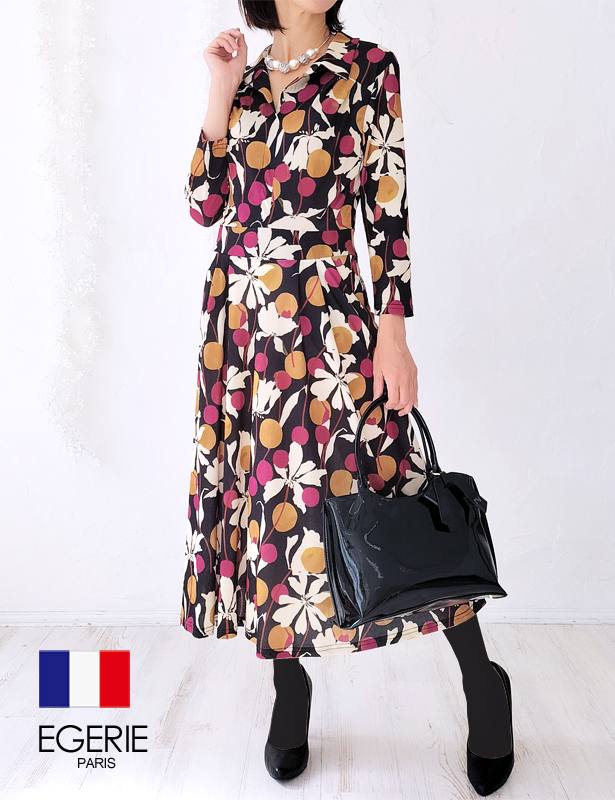 (EGERIE)エジェリ ワンピース BERTINE T1T2T3 7分袖 マキシ丈膝丈ひざ丈カシュクール花柄ボタニカル オフィス通勤パーティお食事会 ママ 大人レディース上品きれいめジャージー赤レッドベージュブラック黒モノトーン 春夏秋冬コーデ(bertine207302)