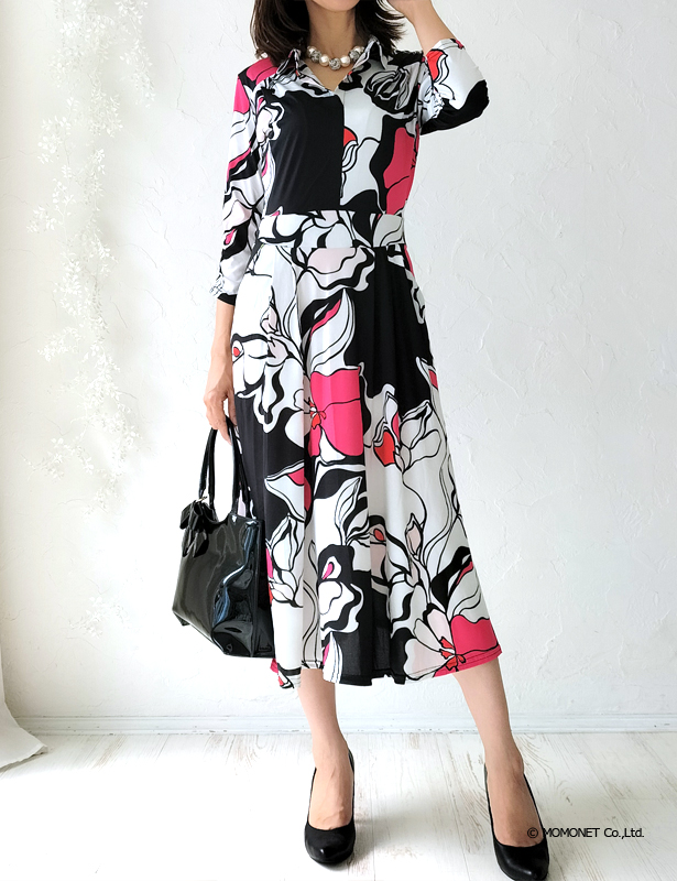 (EGERIE)エジェリ ワンピース BERTINE T1T2T3 7分袖 マキシ丈ロング丈カシュクール花柄ボタニカル オフィス通勤パーティお食事会 ママ 大人レディース上品きれいめジャージー 春夏秋冬コーデ(bertine320902)