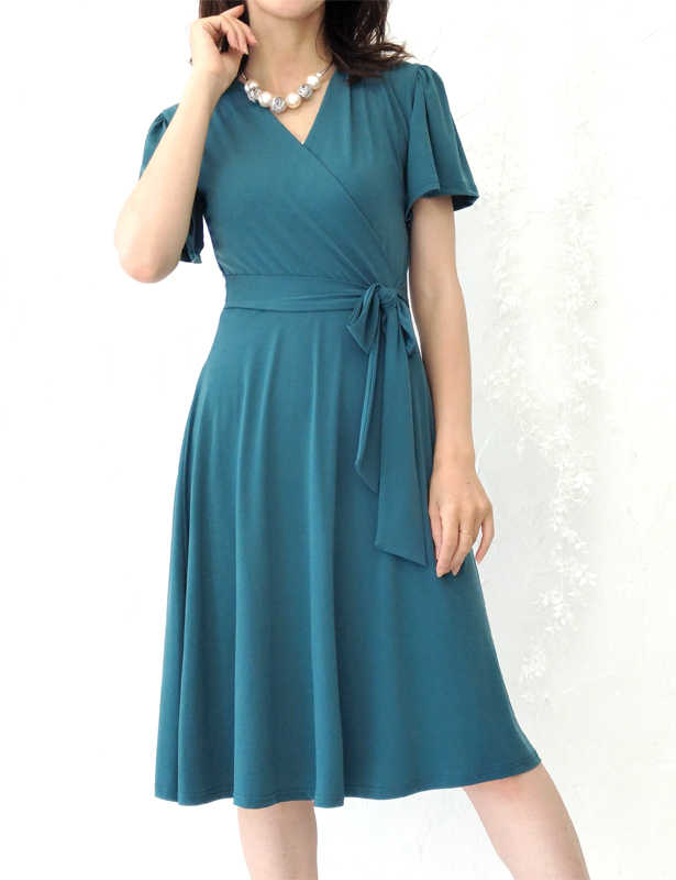 (Angelique)Adelineアデリーヌ無地半袖フリル袖カシュクールワンピース ジャージー素材