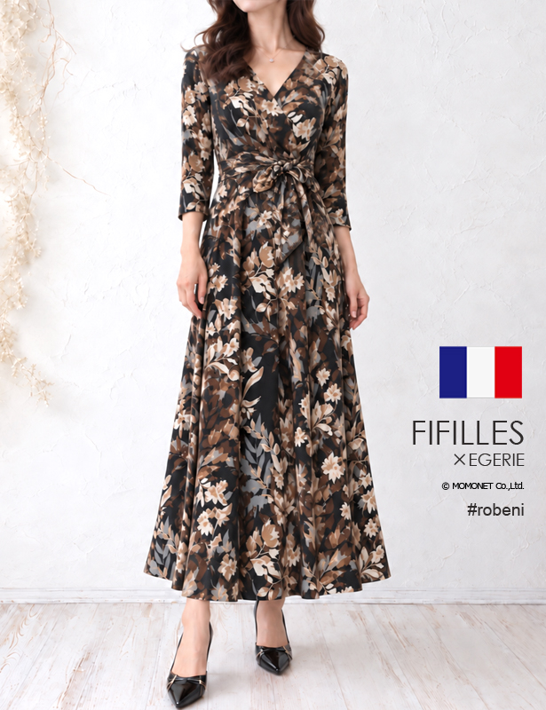 (FIFILLES)フィフィーユ ワンピース robeni T1T2T3 7部袖マキシ丈ロング丈カシュクールボタニカルオフィス通勤パーティお食事会 ママ 大人レディース上品きれいめジャージー 春夏秋冬コーデ(robeni621001)