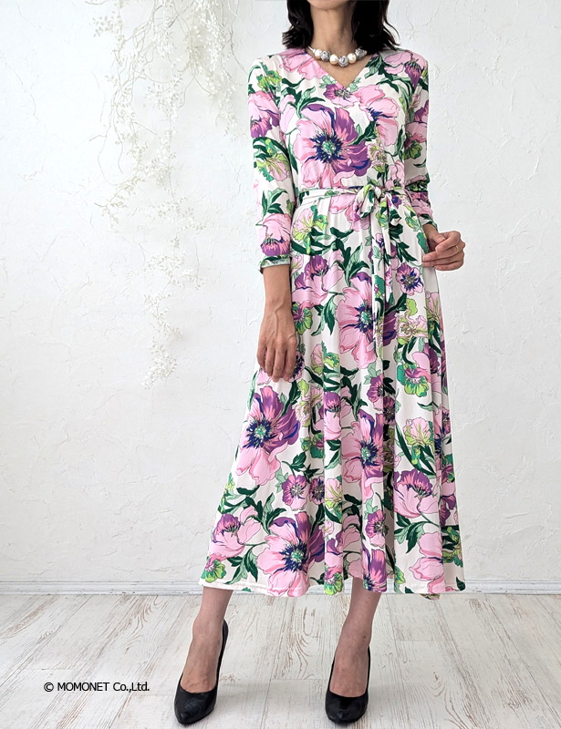 EGERIE エジェリ 　ストレッチ　 花柄 　ロングワンピース レディース EGERIE)エジェリ ワンピース ROSAS T1T2T3 半袖5分袖 マキシ丈ロング