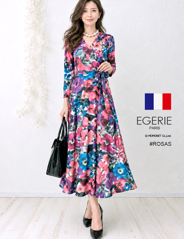 (EGERIE)エジェリ ワンピース ROSAS T1T2T3 7分袖 マキシ丈ロング丈カシュクール花柄ボタニカル オフィス通勤パーティお食事会 ママ 大人レディース上品きれいめジャージー 春夏秋冬コーデ(rosas420901)