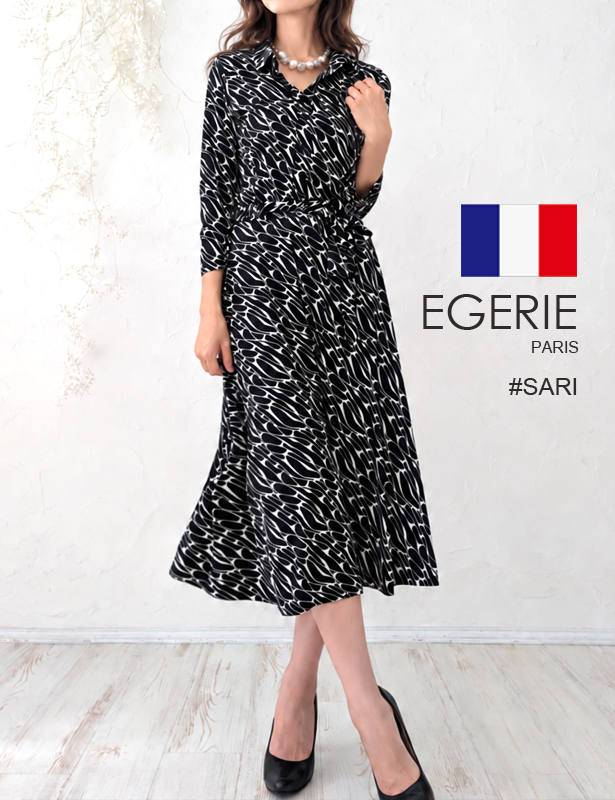 (EGERIE)エジェリ ワンピース SARI T1T2T3T4 7分袖 ロング丈膝丈ひざ丈カシュクール花柄ボタニカル オフィス通勤パーティお食事会 ママ 大人レディース上品きれいめジャージーホワイトブラック黒モノトーン 春夏秋冬コーデ(sari420901)