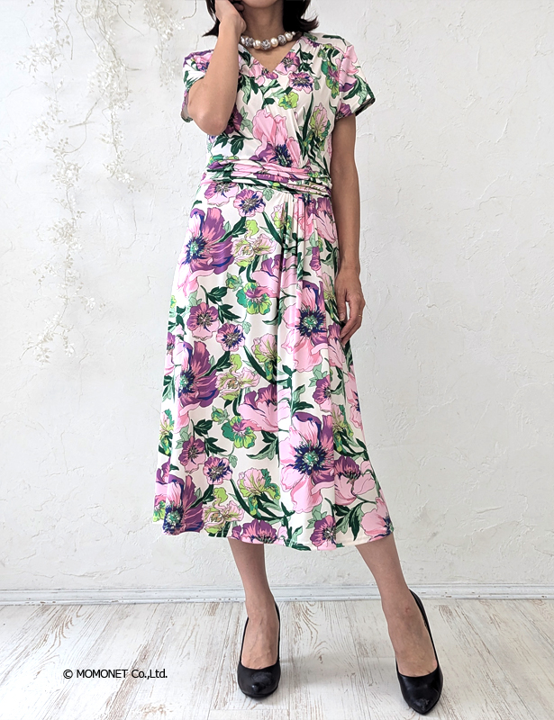 (EGERIE)エジェリ ワンピース STORY T1T2T3 半袖7分袖 マキシ丈ロング丈カシュクール花柄ボタニカル オフィス通勤パーティお食事会 ママ 大人レディース上品きれいめジャージー 春夏秋冬コーデ(story320602)