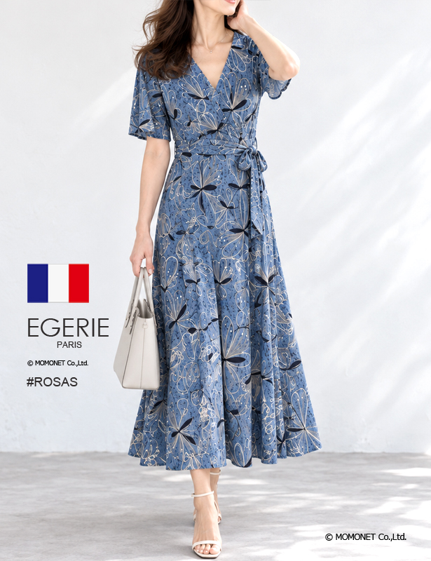 (EGERIE)エジェリ ワンピース ROSAS T1T2T3 7分袖 マキシ丈ロング丈カシュクール花柄ボタニカル オフィス通勤パーティお食事会 ママ 大人レディース上品きれいめジャージー 春夏秋冬コーデ(rosas620801)