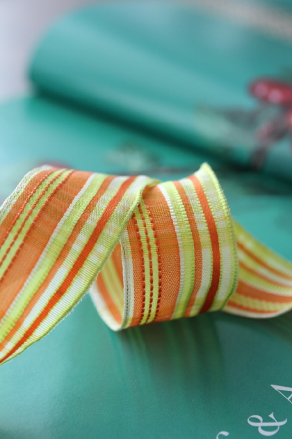 フランス製ワイヤーリボン・オレンジMixストライプ　25ミリ幅　
