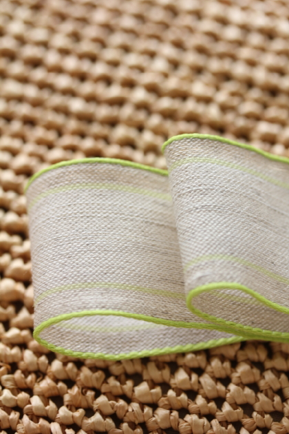 ドイツリボン・リネンStripe　Leaf green　38ミリ幅