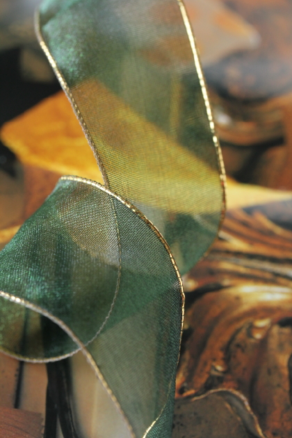 フランス製ワイヤーリボン・Gold edgeオーガンジー Green　38ミリ幅　