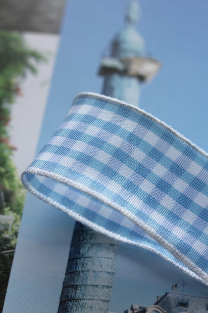 フランス製ワイヤーリボン・チェックSky blue  25ミリ幅　