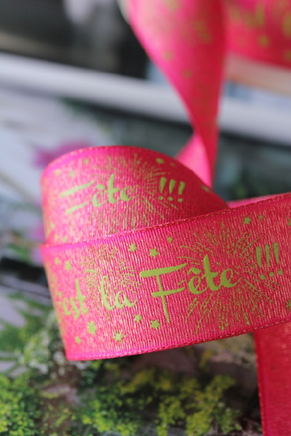 フランス製ワイヤーリボン FETE ピンク＆ライム 25ミリ幅